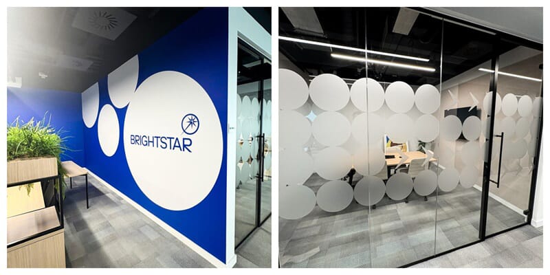A collage of the Brighstar wall graphic and attached office window graphics.
